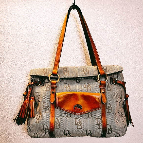 Dooney & Bourke Tan and Brown Shoulder Bag with Leather Trim - Picture 1 of 8